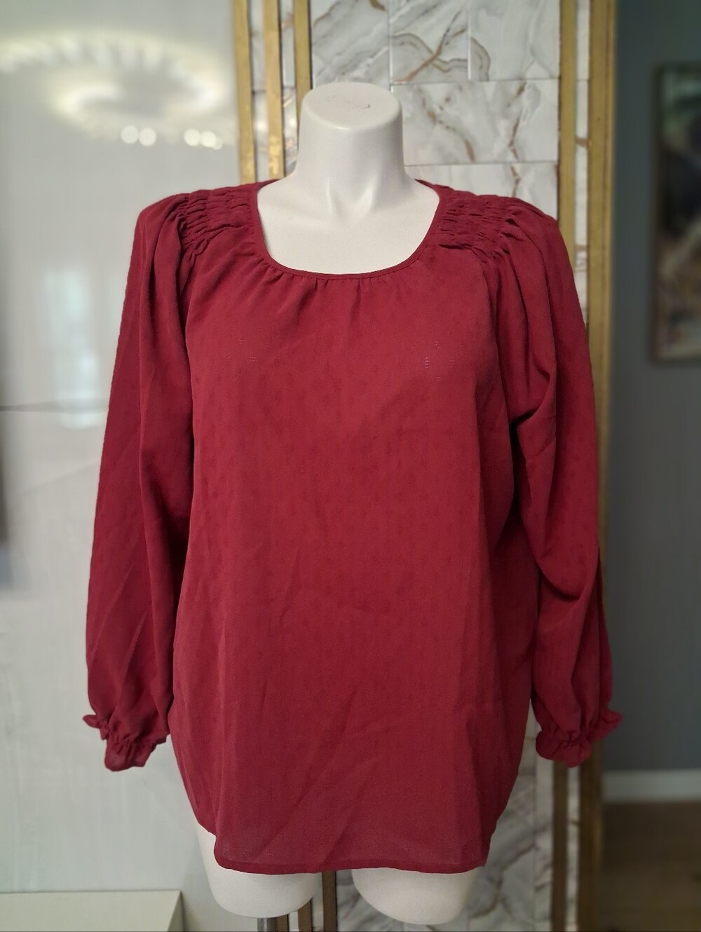 Jessica Simpson Burgundy Smocked-Yoke Long Sleeve Blouse